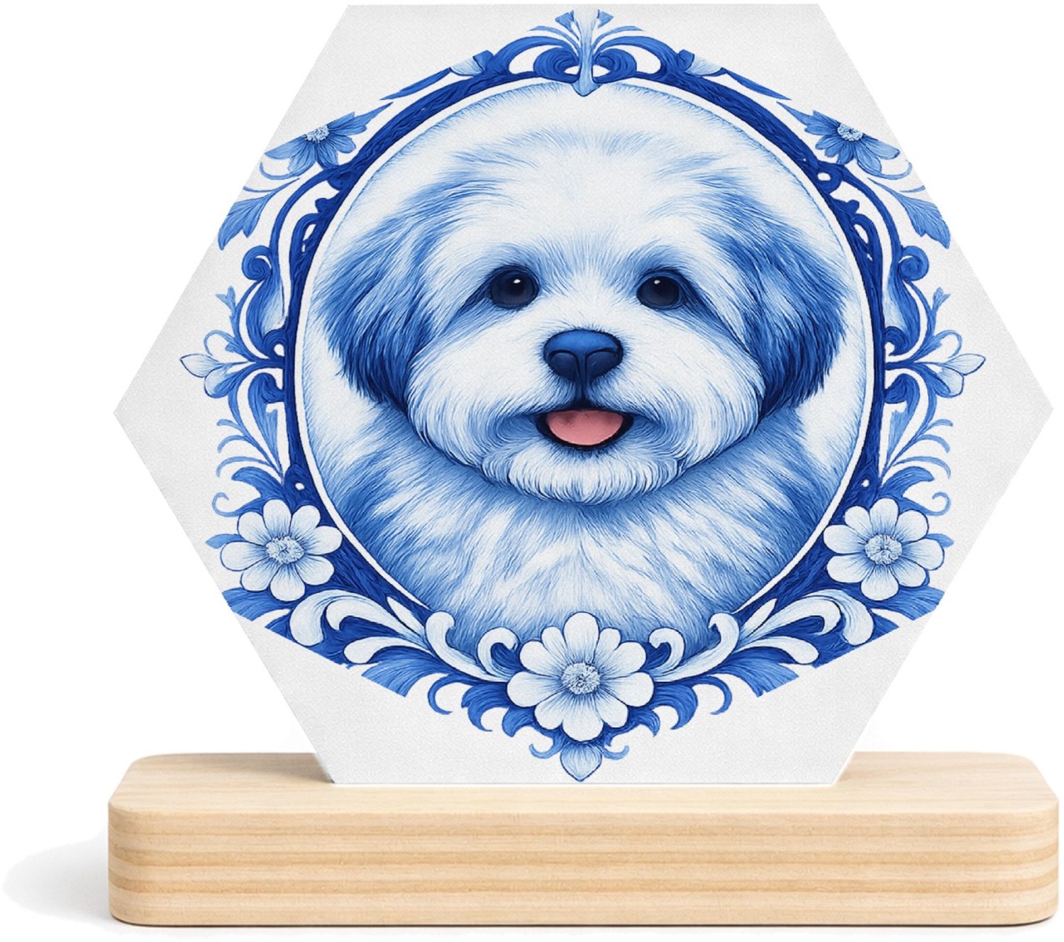 Mr Cadeautjes MDF fotolijst/inleg hexagon 14 x 13 - design Een frontaal kattenportret met een elegante botanische omlij | cadeau Wit