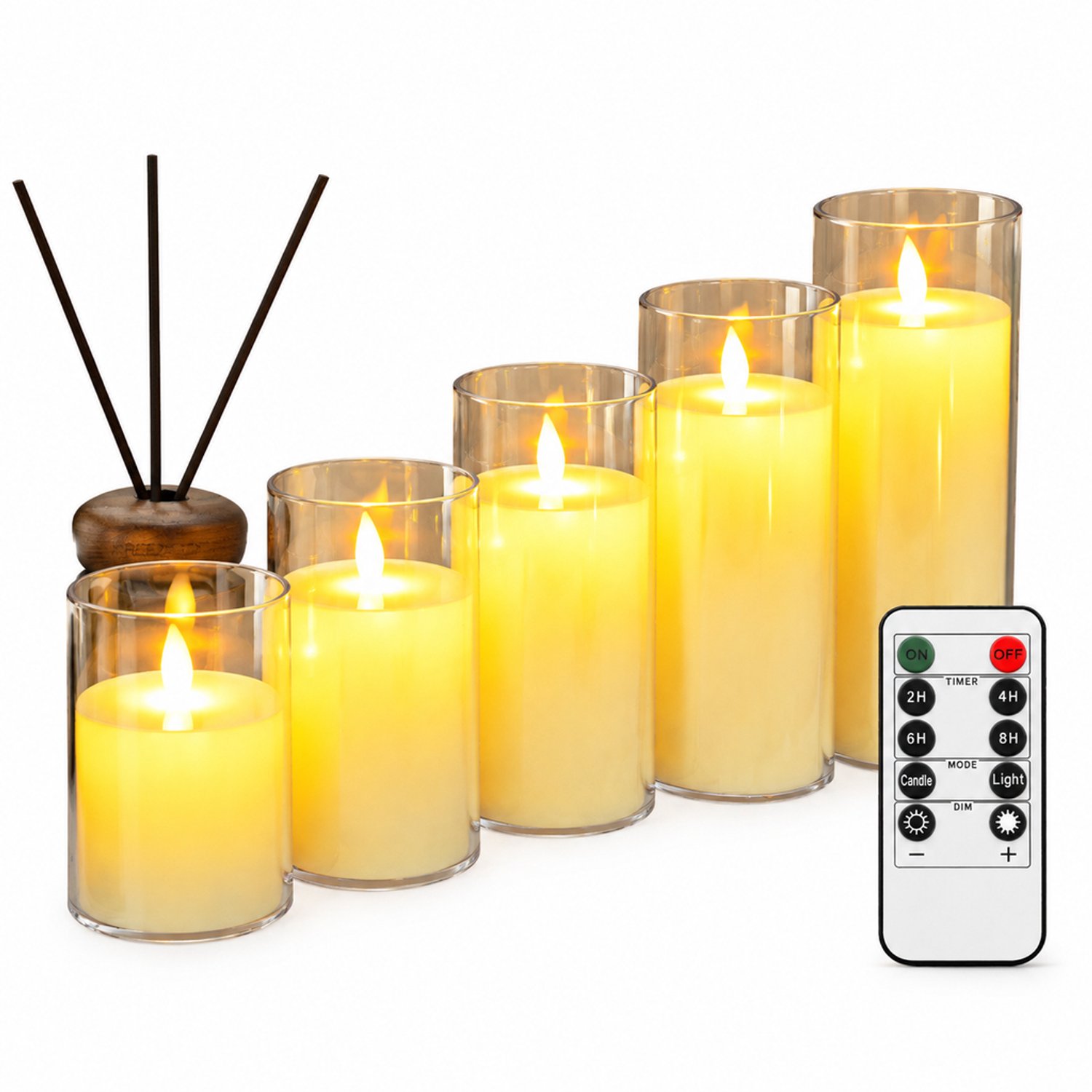 SWGOTA led kaarsen, set van 5 met afstandsbediening, bewegende vlam en warm licht, ivoorkleurig met transparante cilindervormige omhulling