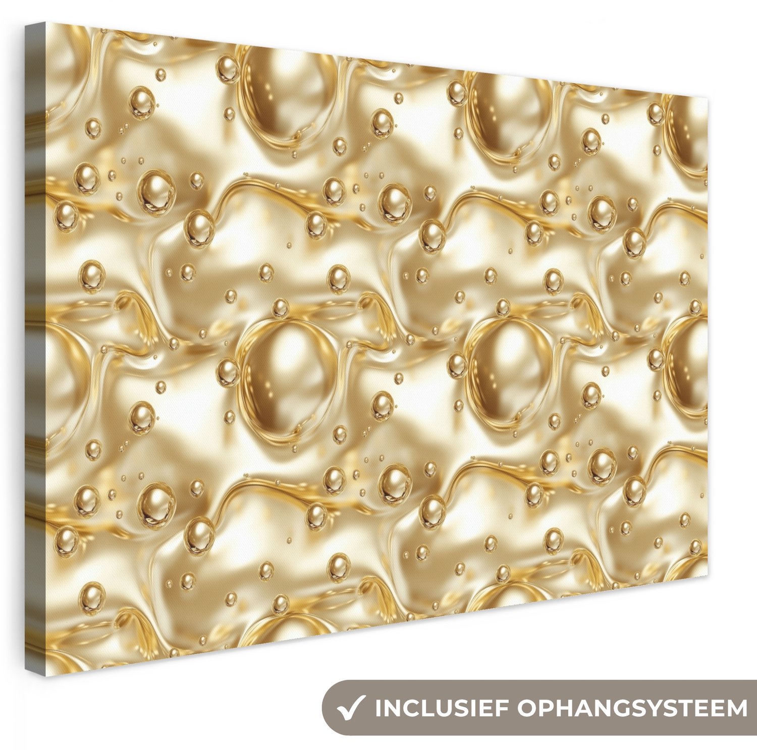 Canvas schilderij 90x60 cm - Exclusieve wanddecoratie Vloeibaar - Druppels - Goud - Muurdecoratie woonkamer - Slaapkamer decoratie - Kamer accessoires - Schilderijen op canvas