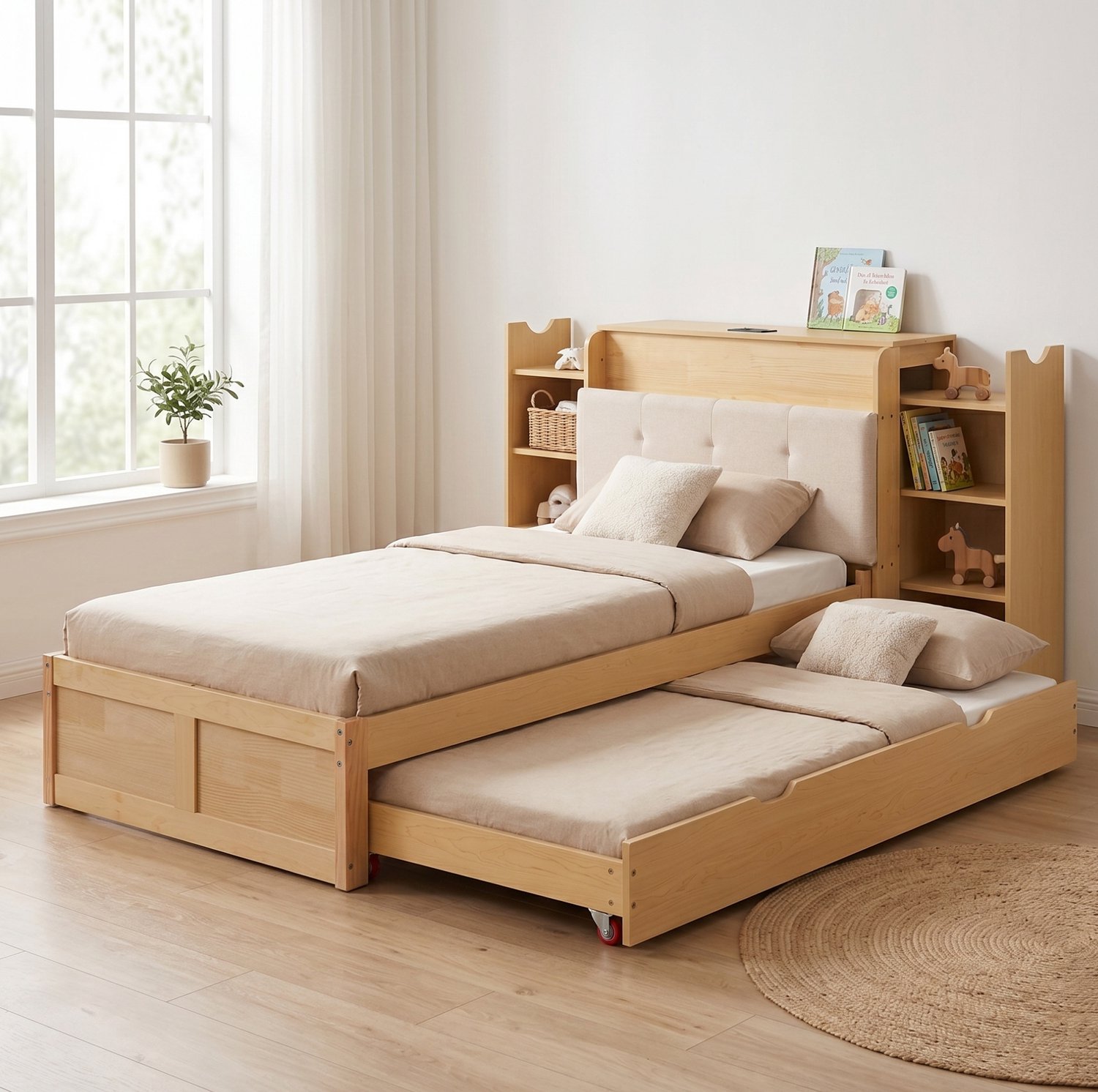 MIVRAY Uitschuifbed 90x200 tot 180x200 cm - Bed met Boekenkast en Wielen - Voor Kinderkamer en Logeerkamer - Hout en MDF - Naturel - Zonder Matras Naturel hout