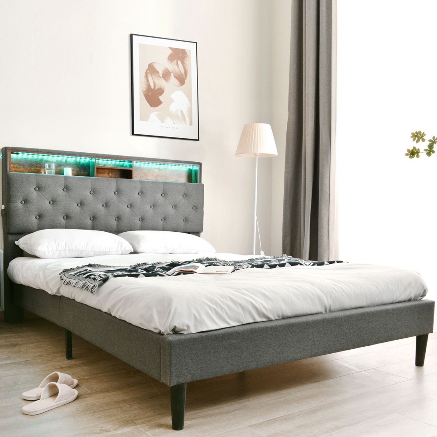 KOMHTOM Gestoffeerd tweepersoonsbed - 140x200 cm - Grijs - LED-verlichting - Houten lattenbodem - Opbergruimte - Lattenbodem - Hoofdeinde