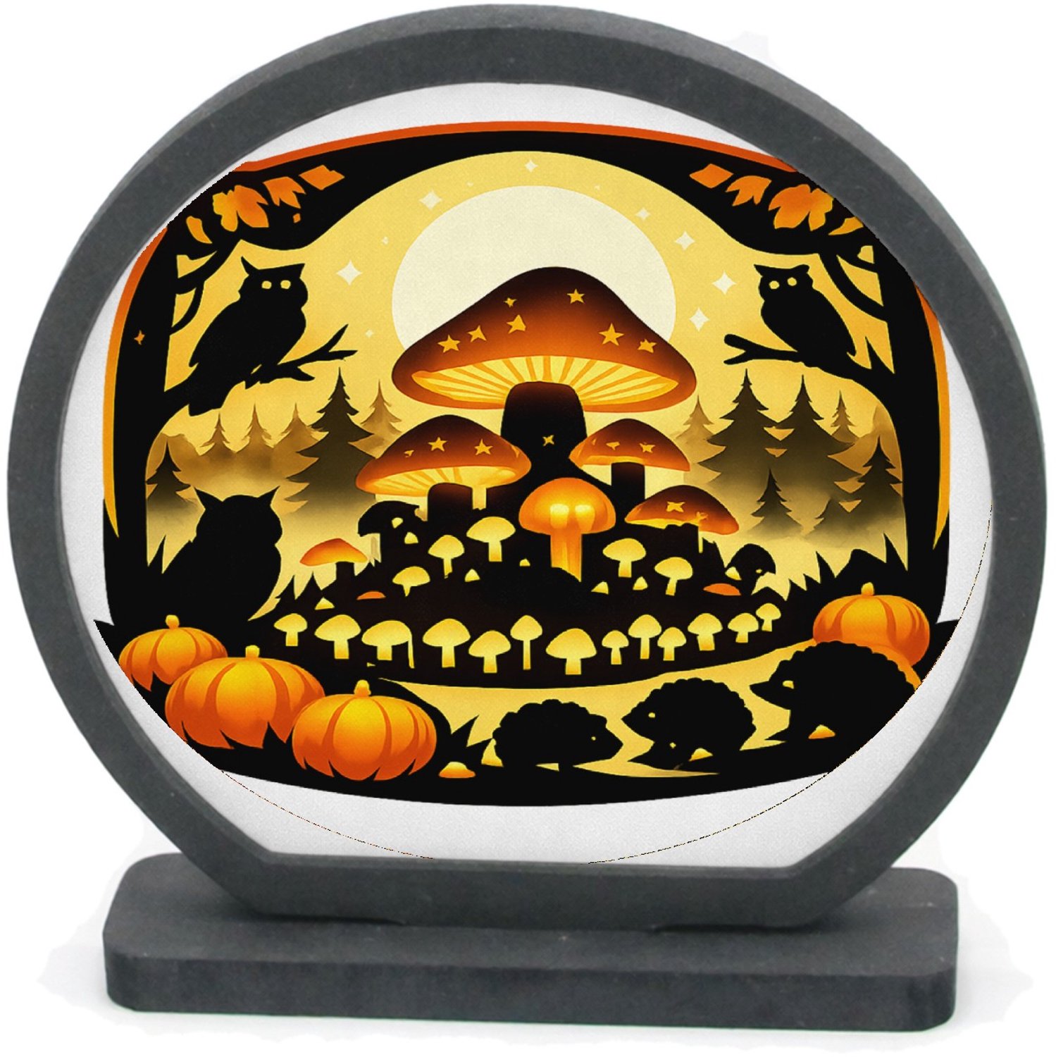 Mr Cadeautjes Houten fotolijst rond met MDF inleg - design Herfstbos met een grote gloeiende paddenstoelheuvel en klein | cadeau Wit