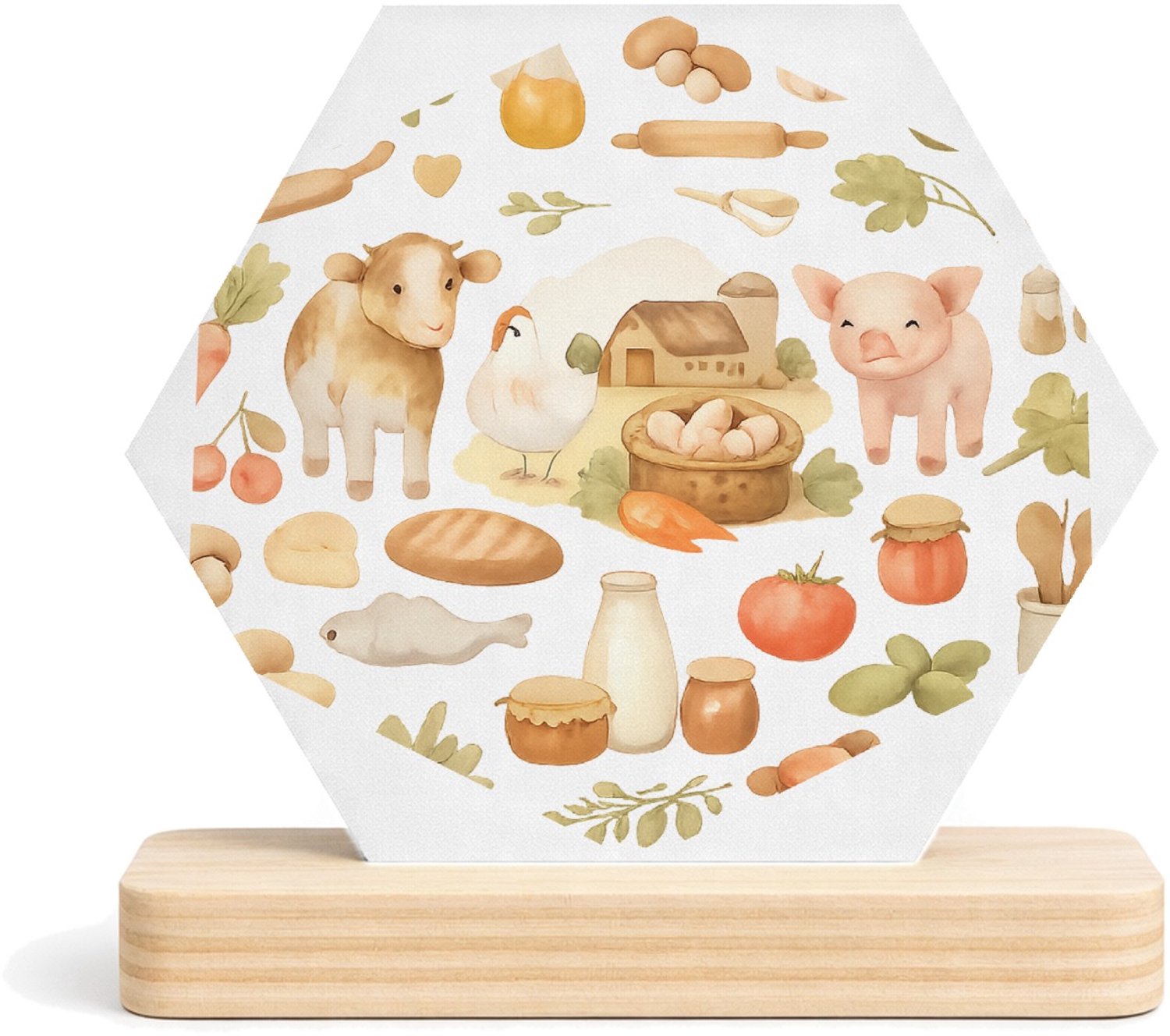 Mr Cadeautjes MDF fotolijst/inleg hexagon 14 x 13 - design Keukenalfabet met fruit, groenten en bakgerei | cadeau Wit