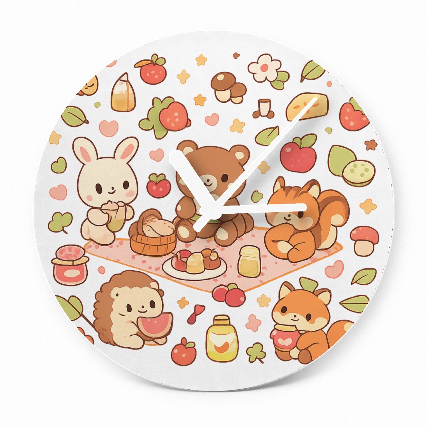 Mr Cadeautjes Glazen klok Ø 20 - design Een vrolijke set kleine bosdieren die samen picknicken tusse | cadeau Wit