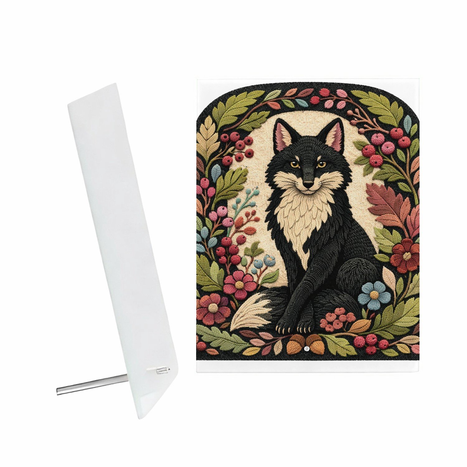 Mr Cadeautjes Glazen fotopaneel Een vos in een sierlijke seizoensrand met herfstbladeren, be - 15 x 20 cm, staand - glas, decoratie, wanddecoratie | cadeau Wit