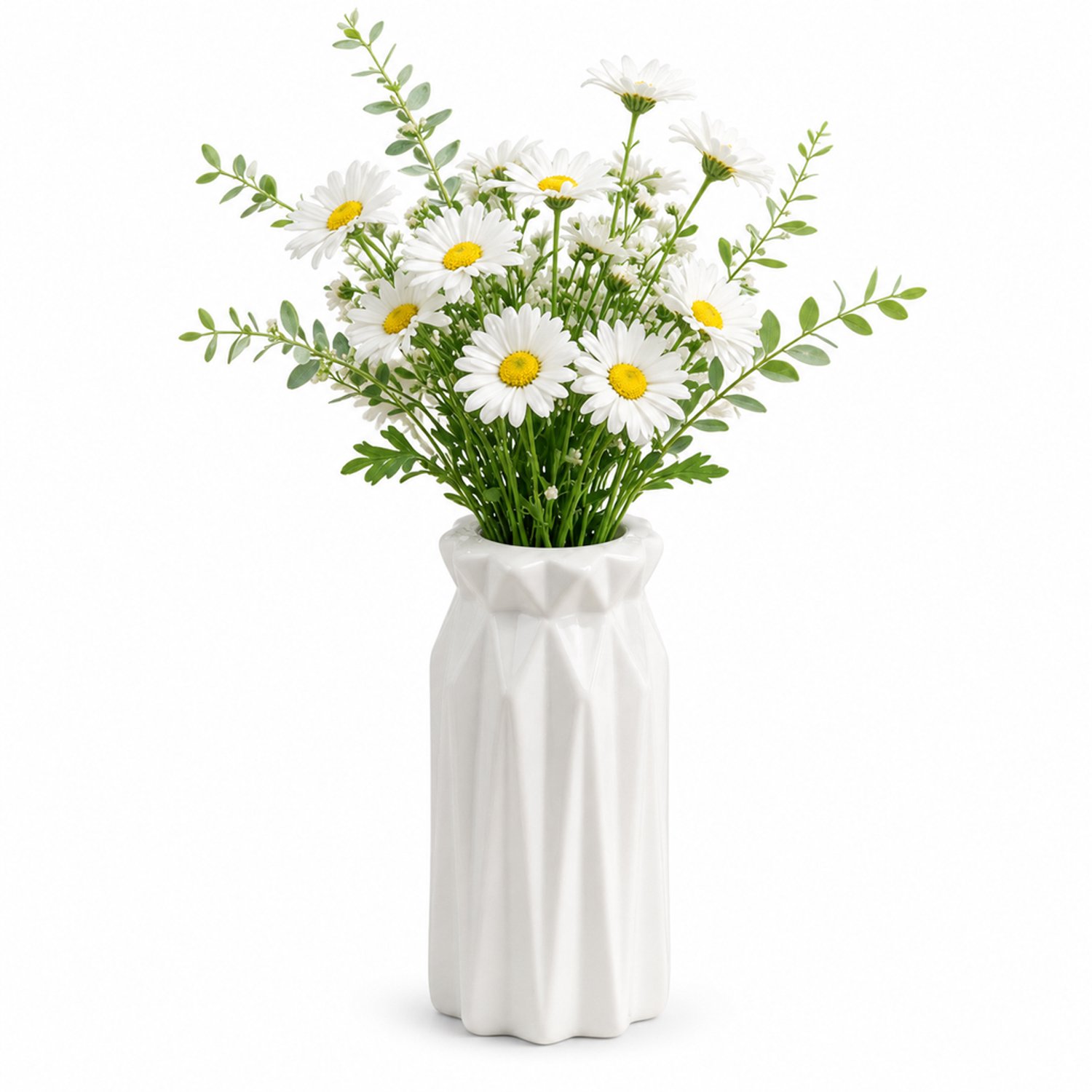 SWGOTA Witte kunststof vaas voor droogbloemen met driehoekreliëf en verticale plooien - 8,5 x 8,5 x 17,5 cm - Voor eettafel en hal - OPP-verpakking