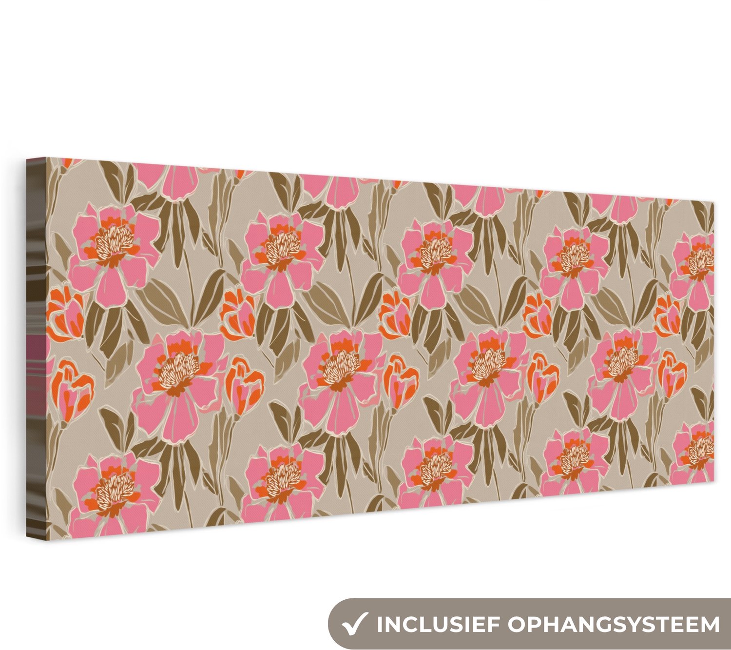 Canvas schilderij 120x40 cm - Exclusieve wanddecoratie Pioenrozen - Patroon - Roze - Muurdecoratie woonkamer - Slaapkamer decoratie - Kamer accessoires - Schilderijen op canvas
