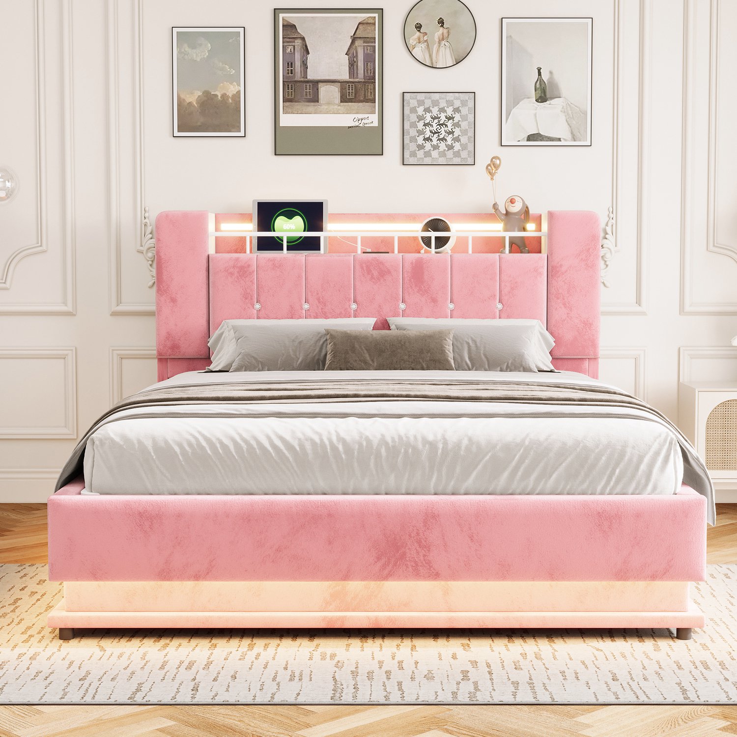 Merax Gestoffeerd bed 160 x 200 cm - met LED-verlichting - USB-poort en opbergruimte - metalen frame - roze - zonder matras