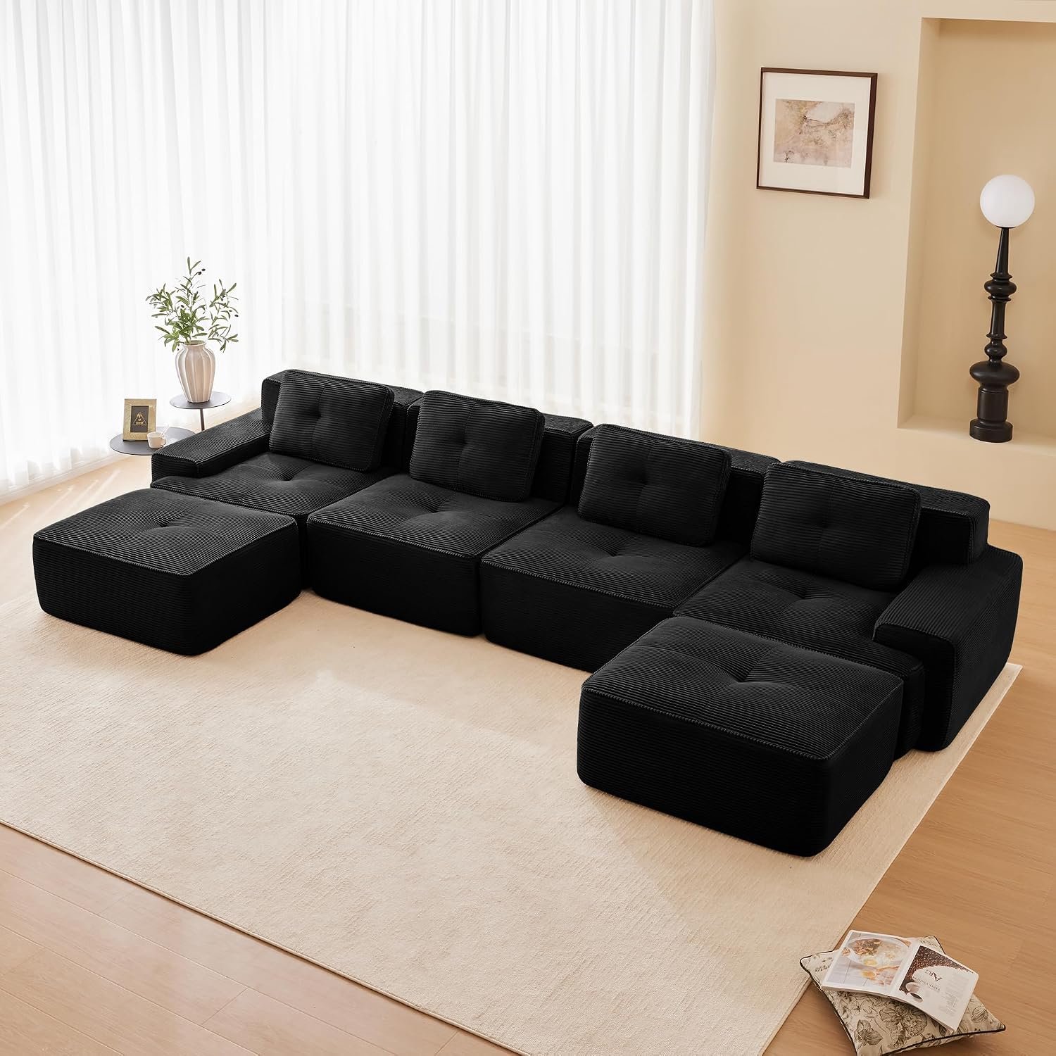 Modulaire bank, moderne bank voor woonkamer met 74 cm diepe zitting, corduroy bank, cloud gestoffeerde bank, banken combineerbaar, voor woonkamer (zwart, 4S + 2)