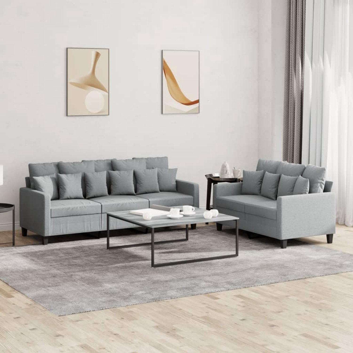 2-delige bankstel met kussen, lichtgrijs, stof, sofaset, hoekbank voor woonkamer, met duurzame bekleding en robuust metalen frame