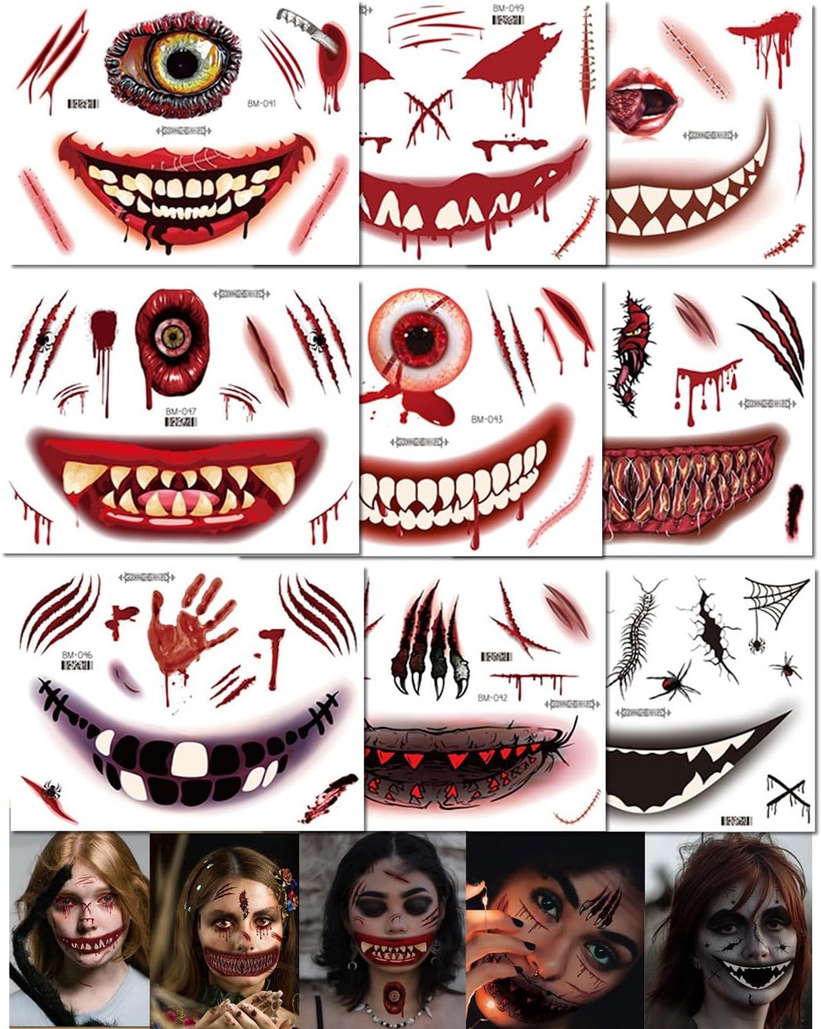 9 stuks Halloween gezichtstoeages, doodshoofd, zombie, clown, vampier en heks tatoeages, gezichtstatoeages, Halloween mond-tatoeages, Halloween make-up accessoires