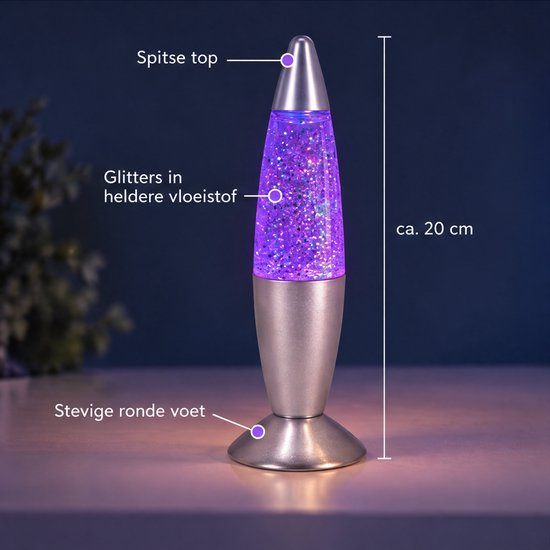 Cheqo® Glitterlamp - Lavalamp - Kleur Veranderend - Kleurwisselend - Sfeerlamp - Nachtlamp - Kinderlamp - Tafellamp met Glitters - Sfeerlicht - Multicolor - Zilver - Cadeau voor Kinderen - Meisjes en Jongens - Slaapkamer - Kinderkamer — afbeelding 4