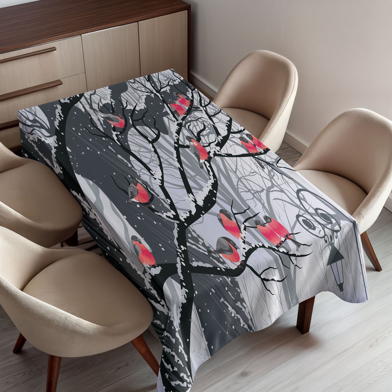 ABAKUHAUS Winter Tafelkleed, Goudvinken op Bomen in Winters Stadspark met Sneeuw en Koud Weer, Rechthoekig Tafelkleed voor Eetkamer Keukendecoratie, 130 x 150 cm, Zwart Grijs