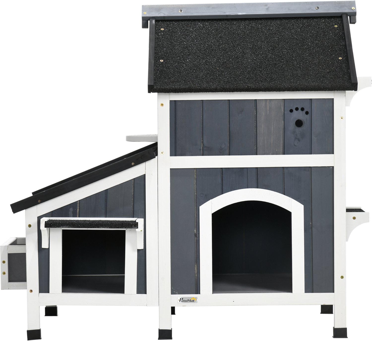 Pawona Tweestaps buitenkattenhuis - Met asfaltdak, bloembak en verhoogde bodem - Van dennenhout - 96 x 65 x 85,5 cm - Grijs