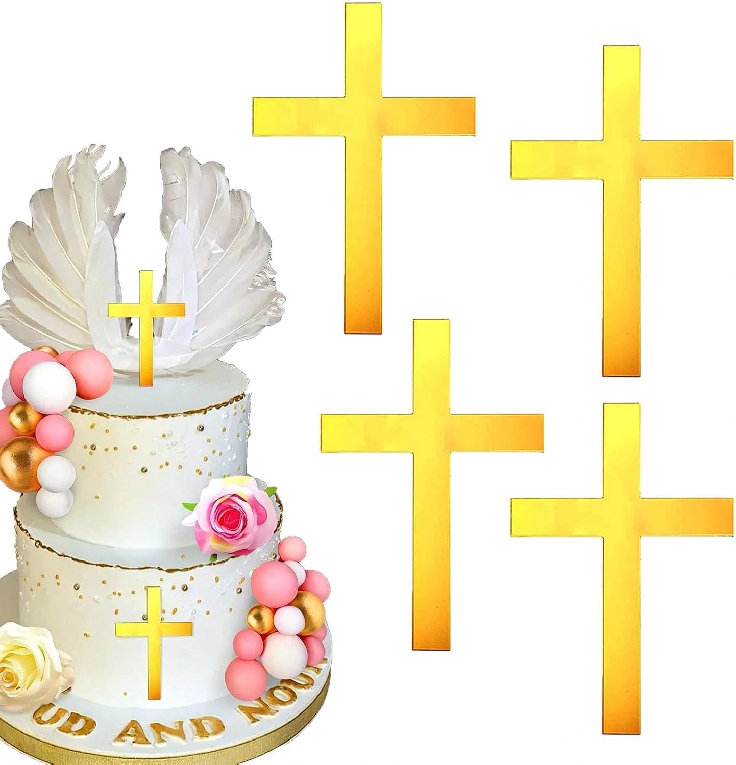 Set van 4 stuks acryl kruistaarttoppers, doop taarttoppers kruistaarten decoratie voor verjaardag babyshower, kruising cupcake (gouden spiegel acryl)