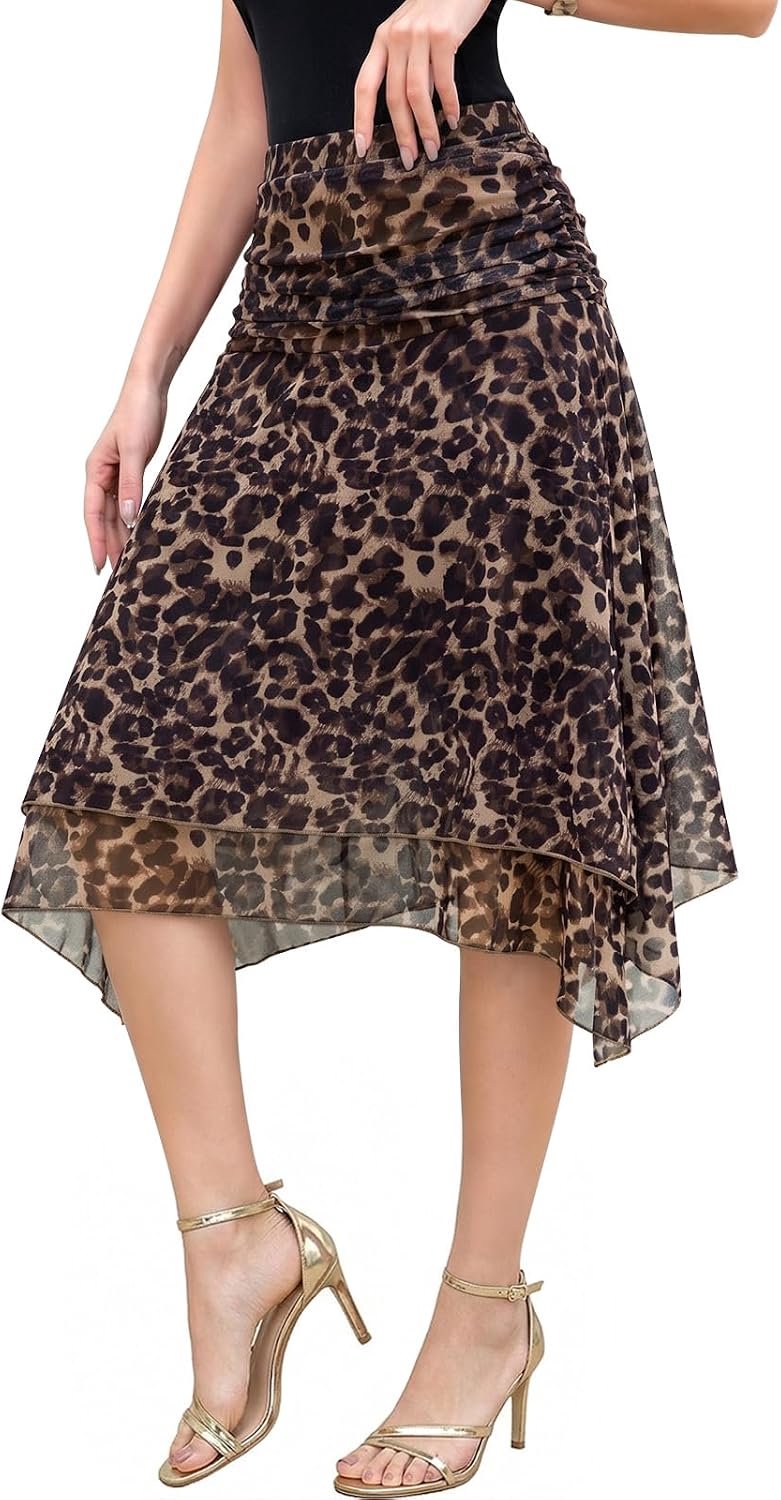 Damesrok met hoge taille, midi-mesh, doorschijnend gelaagd ontwerp met voering, onregelmatige zoom, knielengte, elegante zomerse A-lijn rok
