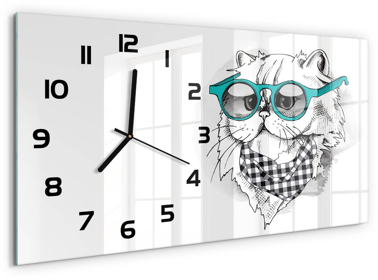 TULUP Wandklok - Kat met bril Wandklok Glas Met Motief - 60x30 cm - Blauw Decoratieve Glazen Klok - Zwarte handen - Rechthoekige Klok - Gekleurde Glazen Klok - Glazen Klok Met Print