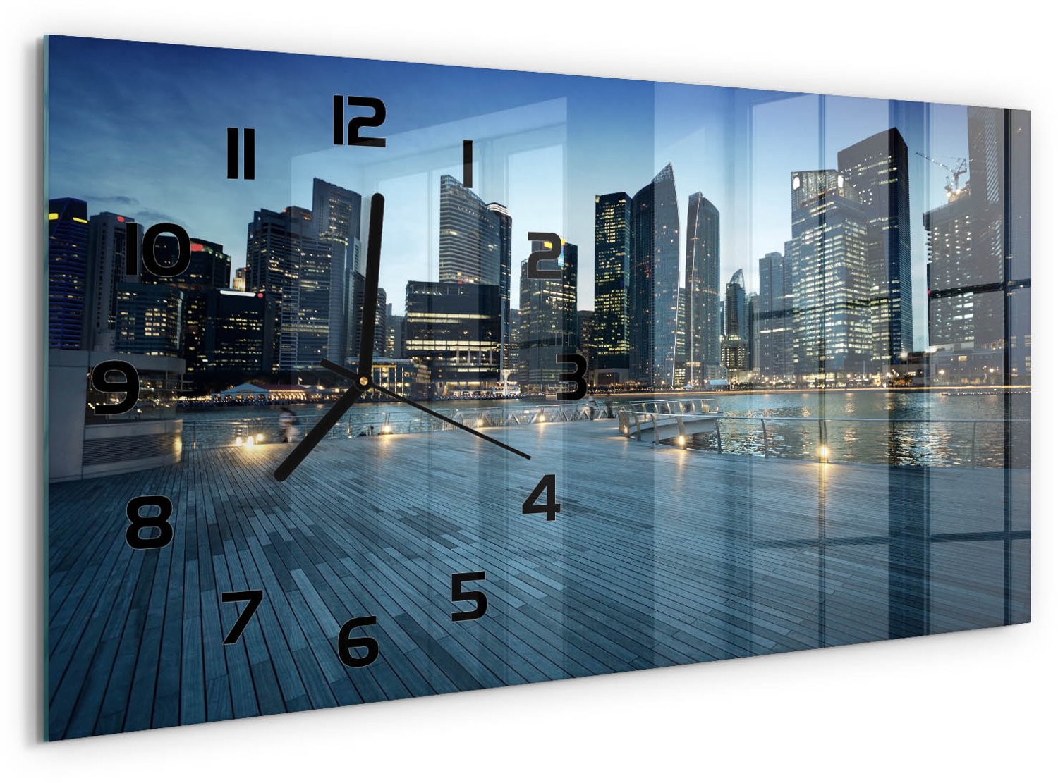TULUP Wandklok - Singapore bij nacht Gekleurde Glazen Klok - 60x30 cm - Blauw Glazen Klok Met Print - Zwarte handen - Rechthoekige Klok - Moderne Wandklok Glas - Wandklok Glas Decoratie