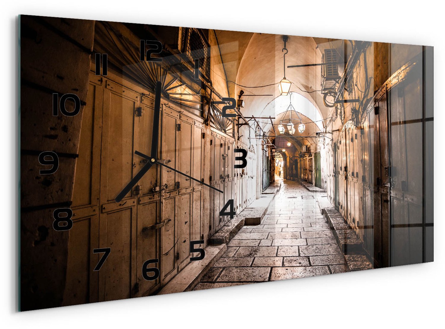 TULUP Wandklok - Jeruzalem Gekleurde Glazen Klok - 60x30 cm - Bruin Glazen Klok Met Print - Zwarte handen - Rechthoekige Klok - Moderne Wandklok Glas - Wandklok Glas Decoratie