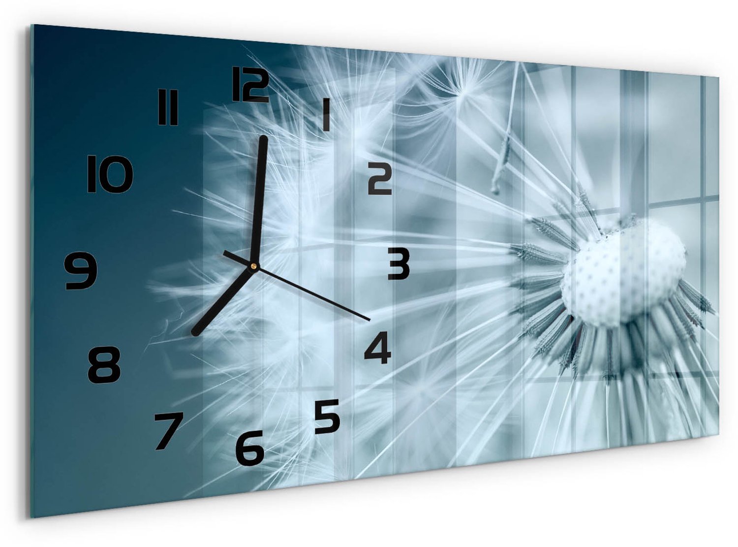 TULUP Wandklok - Paardebloem Klok Glas Met Opdruk - 60x30 cm - Blauw Moderne Wandklok Glas - Zwarte handen - Rechthoekige Klok - Decoratieve Glazen Klok - Glazen Wandklok Design