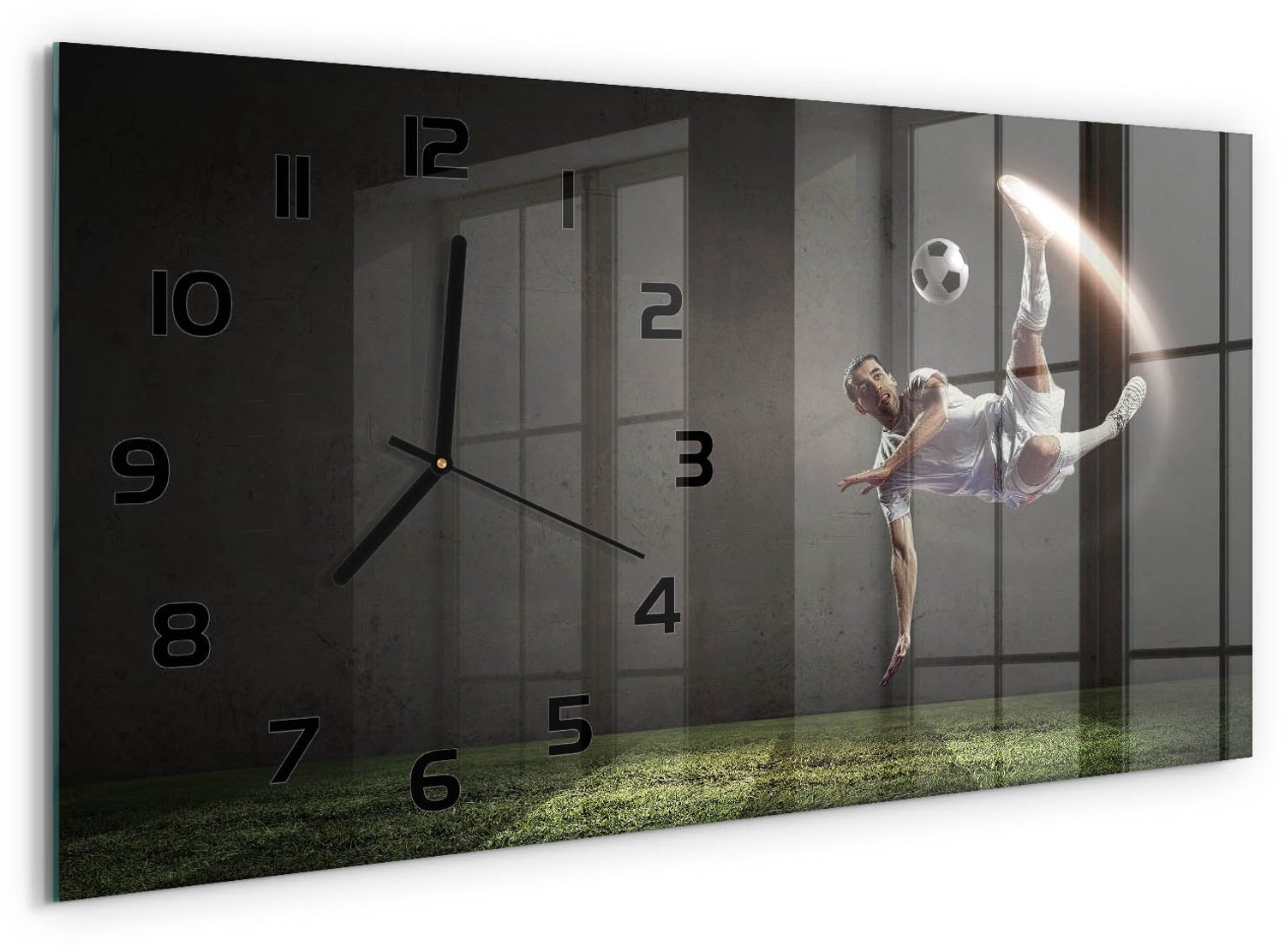 TULUP Wandklok - Voetballer Glazen Wandklok Design - 60x30 cm - Zwart Klok Glas Met Opdruk - Zwarte handen - Rechthoekige Klok - Wandklok Glas Met Motief - Decoratieve Glazen Klok