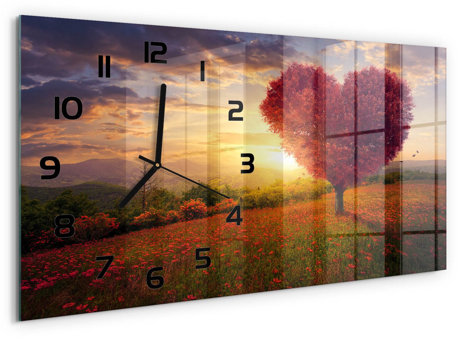 TULUP Wandklok - Hart van het bomenveld Moderne Wandklok Glas - 60x30 cm - Rood Wandklok Glas Decoratie - Zwarte handen - Rechthoekige Klok - Glazen Wandklok Design - Klok Glas Met Opdruk