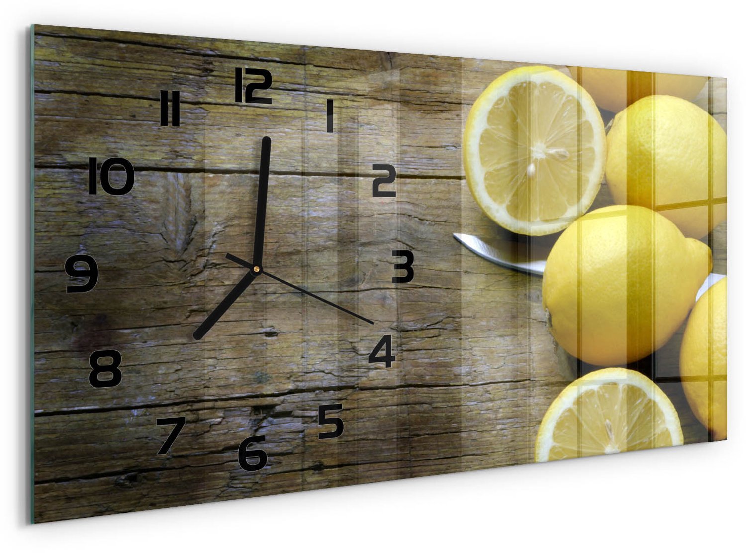 TULUP Wandklok - Citroenen op hout Wandklok Glas Met Motief - 60x30 cm - Geel Decoratieve Glazen Klok - Zwarte handen - Rechthoekige Klok - Gekleurde Glazen Klok - Glazen Klok Met Print