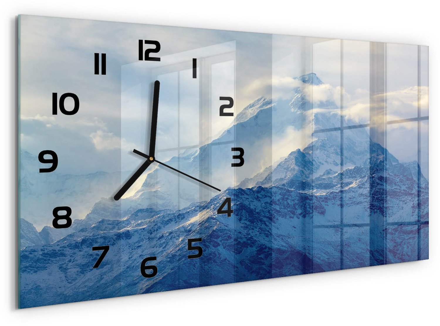 TULUP Wandklok - bergtop Gekleurde Glazen Klok - 60x30 cm - Blauw Glazen Klok Met Print - Zwarte handen - Rechthoekige Klok - Moderne Wandklok Glas - Wandklok Glas Decoratie