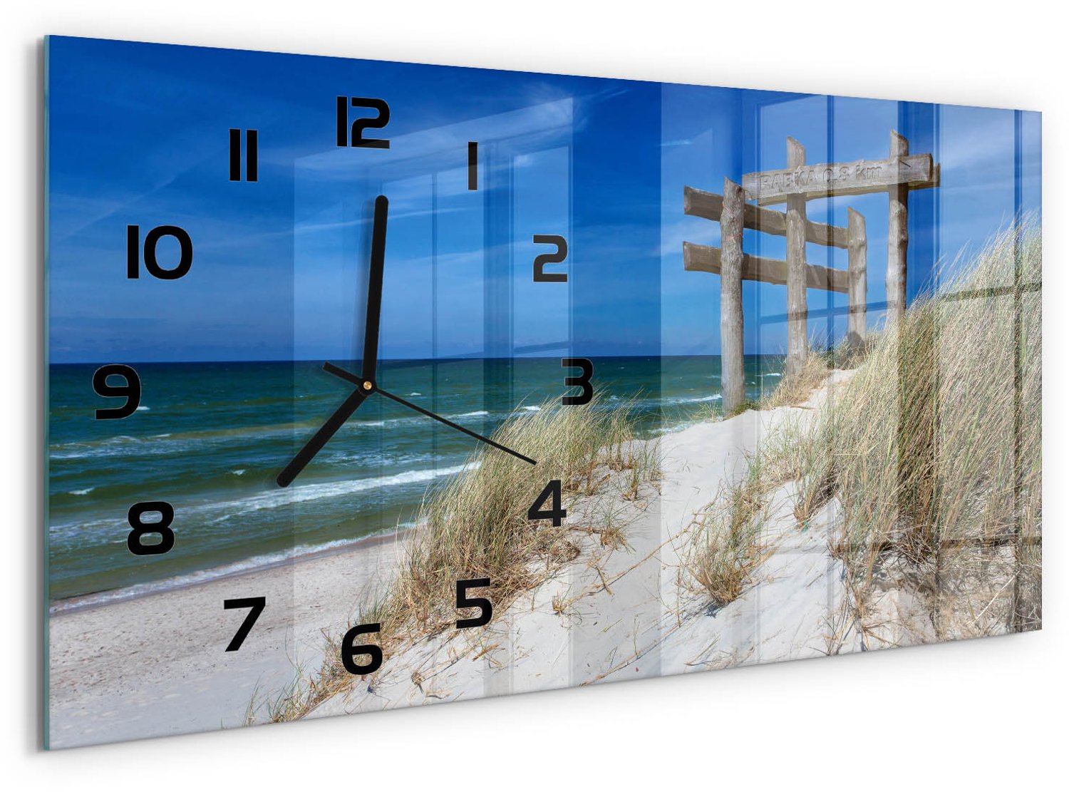 TULUP Wandklok - Duin aan zee Klok Glas Met Opdruk - 60x30 cm - Blauw Moderne Wandklok Glas - Zwarte handen - Rechthoekige Klok - Decoratieve Glazen Klok - Glazen Wandklok Design