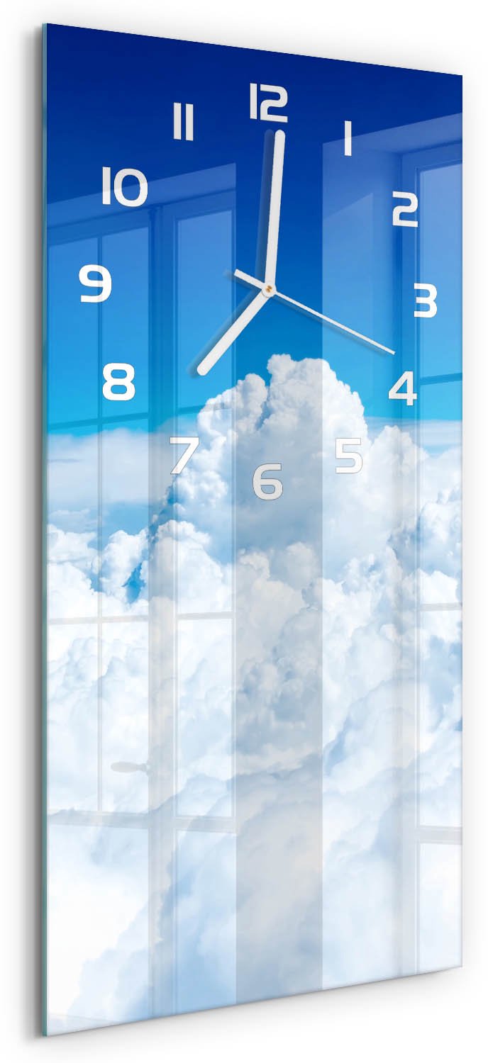 Tulup Wandklok - Vliegen boven de wolken Klok Glas Met Opdruk - 30x60 cm - Blauw Moderne Wandklok Glas - Witte handen - Rechthoekige Klok - Decoratieve Glazen Klok - Glazen Wandklok Design