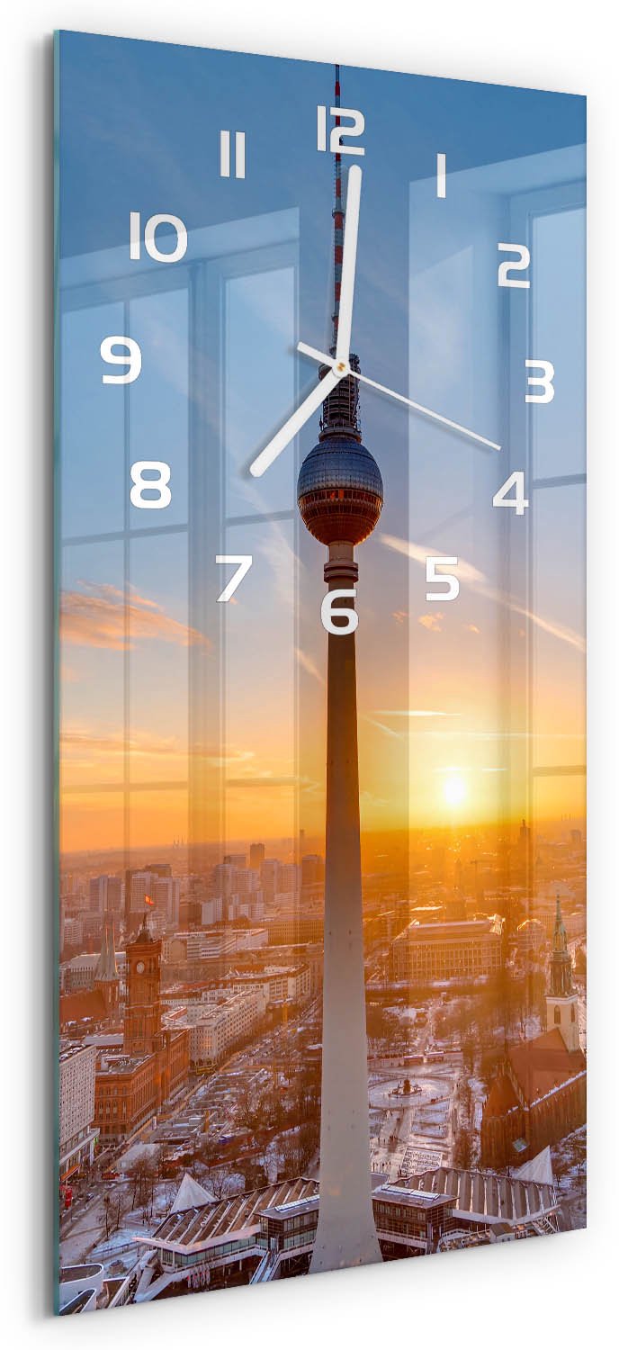 Tulup Wandklok - TV-toren Klok Glas Met Opdruk - 30x60 cm - Veelkleurig Moderne Wandklok Glas - Witte handen - Rechthoekige Klok - Decoratieve Glazen Klok - Glazen Wandklok Design
