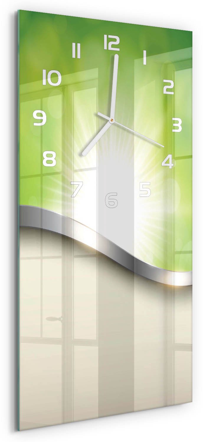 Tulup Wandklok - Groene abstractie Glazen Klok Met Print - 30x60 cm - Groente Wandklok Glas Met Motief - Witte handen - Rechthoekige Klok - Wandklok Glas Decoratie - Gekleurde Glazen Klok