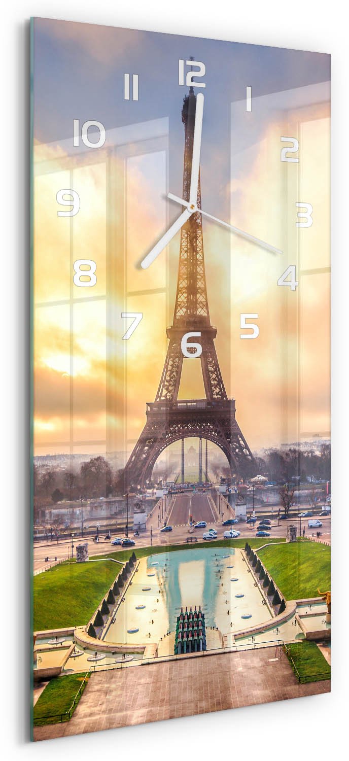 Tulup Wandklok - Eiffeltoren Parijs Decoratieve Glazen Klok - 30x60 cm - Geel Glazen Wandklok Design - Witte handen - Rechthoekige Klok - Glazen Klok Met Print - Wandklok Glas Met Motief