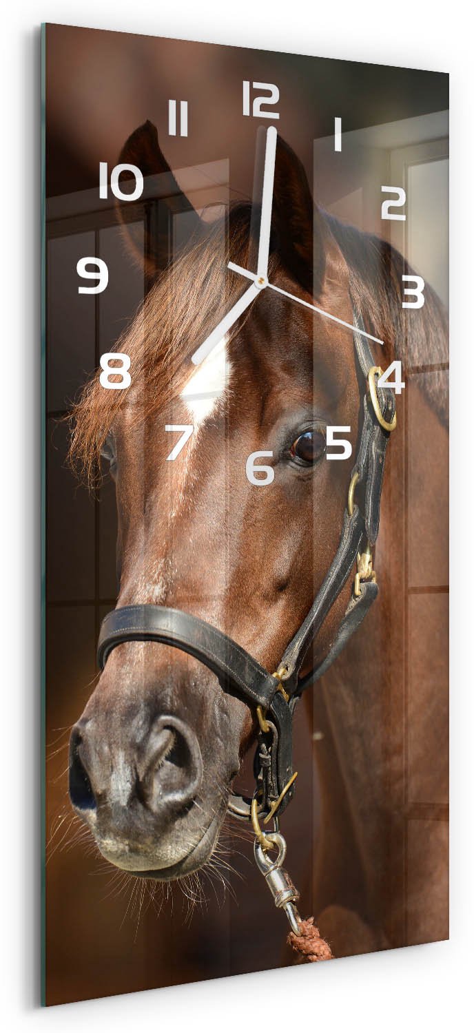 Tulup Wandklok - Portret van een paard Moderne Wandklok Glas - 30x60 cm - Bruin Wandklok Glas Decoratie - Witte handen - Rechthoekige Klok - Glazen Wandklok Design - Klok Glas Met Opdruk