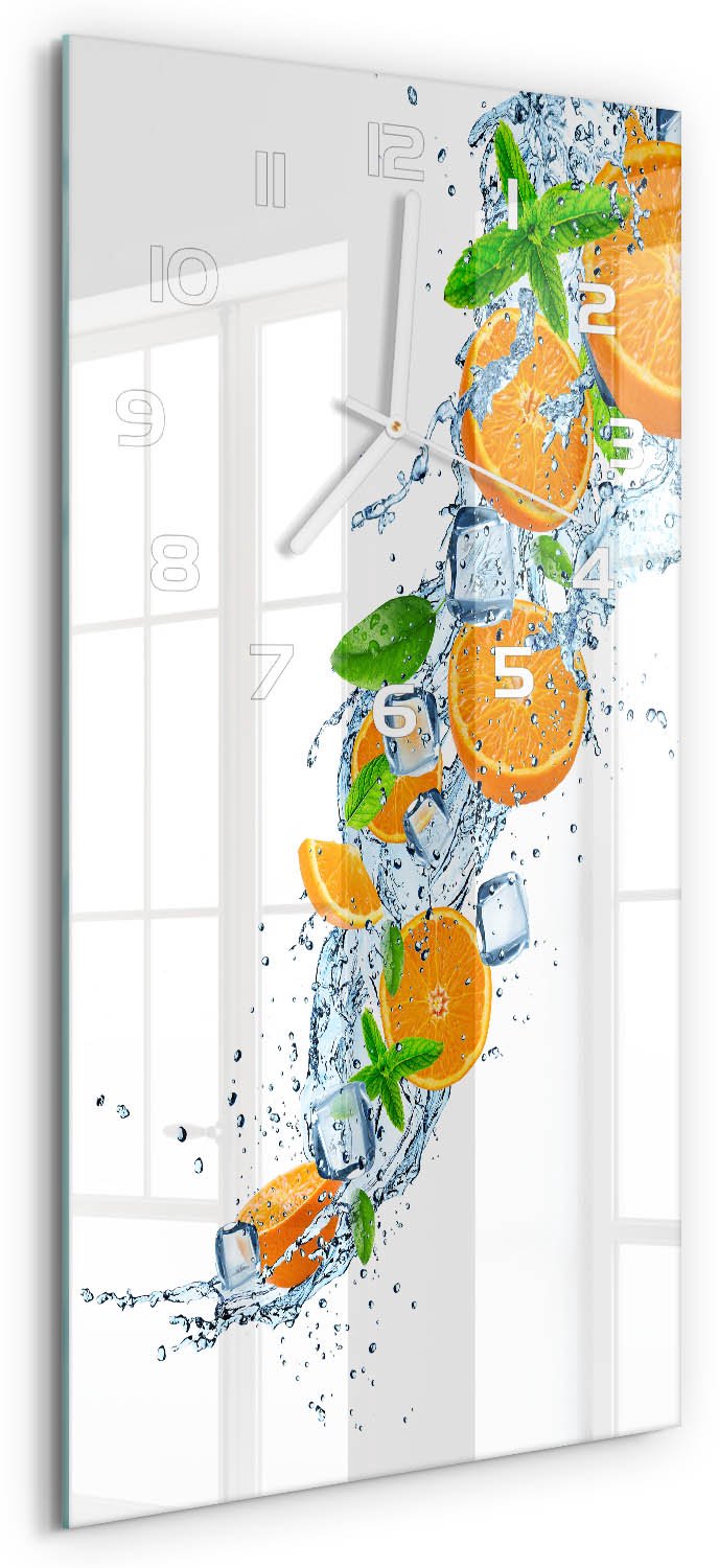 Tulup Wandklok - sinaasappels Decoratieve Glazen Klok - 30x60 cm - Oranje Glazen Wandklok Design - Witte handen - Rechthoekige Klok - Glazen Klok Met Print - Wandklok Glas Met Motief