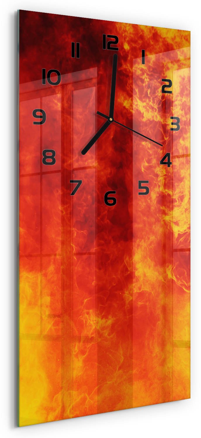 Tulup Wandklok - Vlam Glazen Wandklok Design - 30x60 cm - Rood Klok Glas Met Opdruk - Zwarte handen - Rechthoekige Klok - Wandklok Glas Met Motief - Decoratieve Glazen Klok