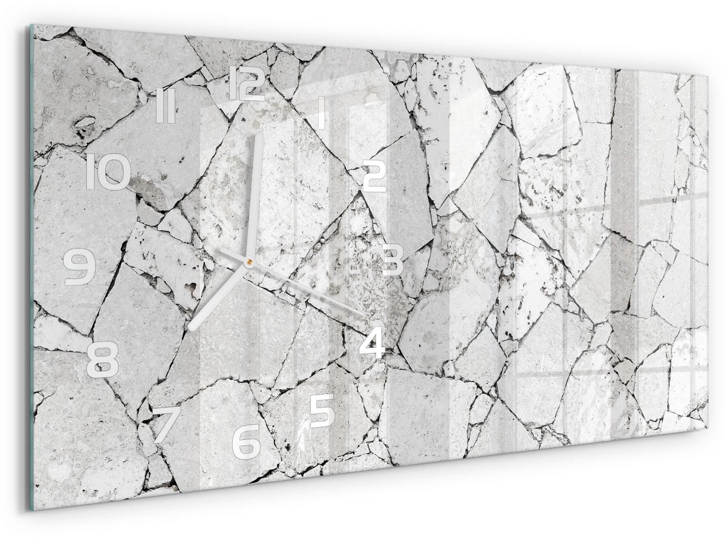 TULUP Wandklok - Stenen muur Glazen Wandklok Design - 60x30 cm - Wit Klok Glas Met Opdruk - Witte handen - Rechthoekige Klok - Wandklok Glas Met Motief - Decoratieve Glazen Klok