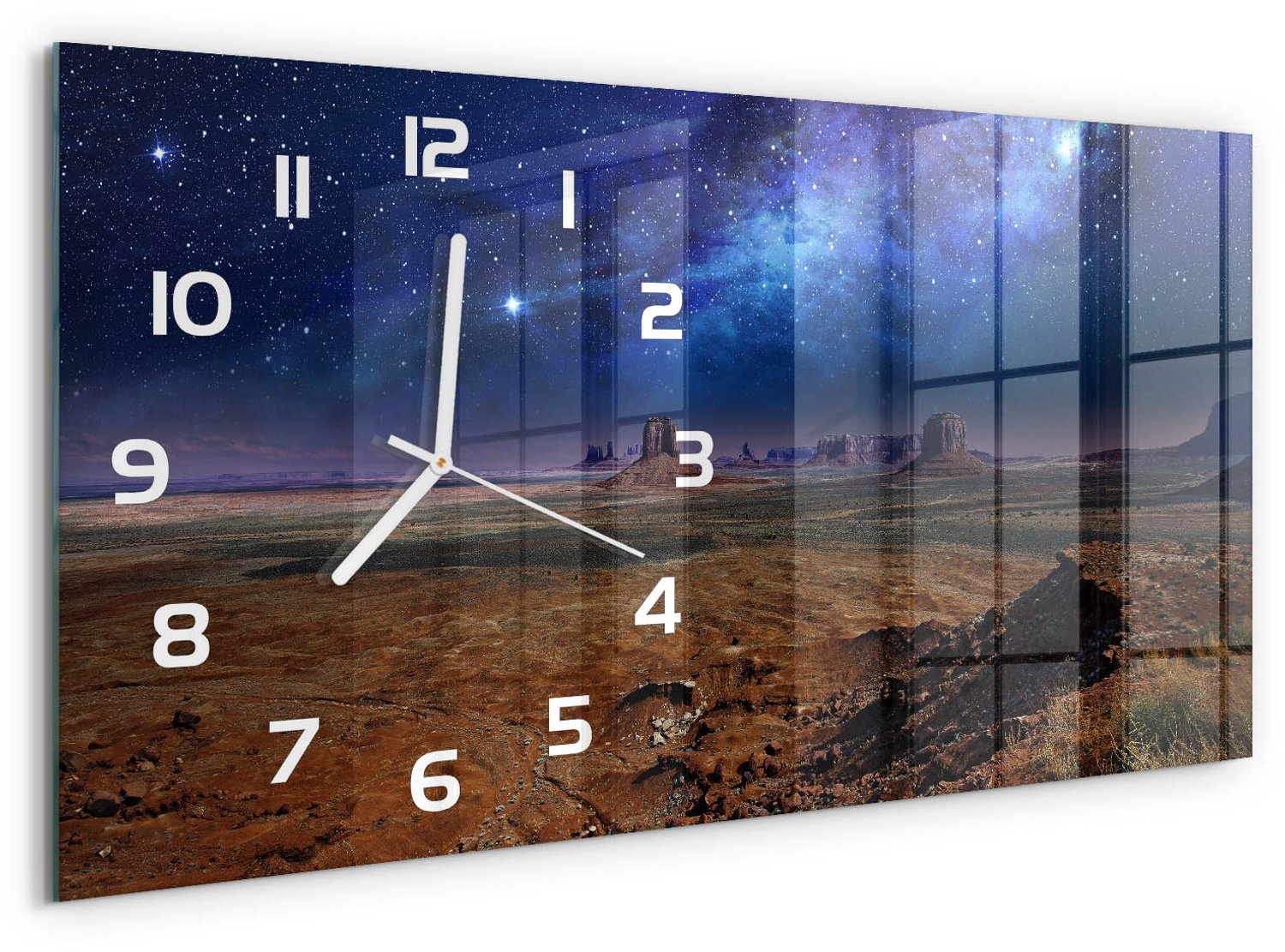TULUP Wandklok - Sterrenhemel Klok Glas Met Opdruk - 60x30 cm - Blauw Moderne Wandklok Glas - Witte handen - Rechthoekige Klok - Decoratieve Glazen Klok - Glazen Wandklok Design