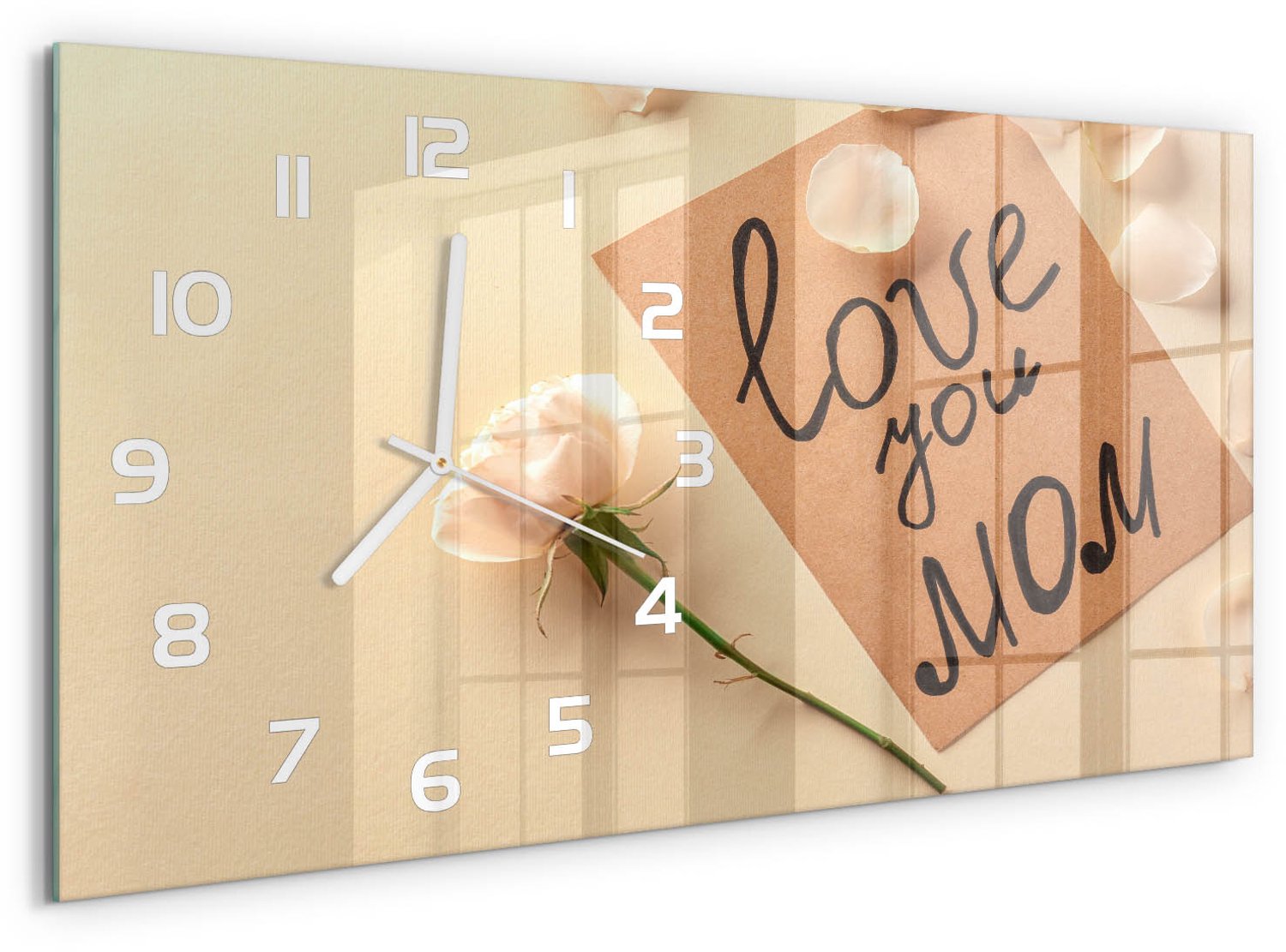 TULUP Wandklok - Moederdag Glazen Wandklok Design - 60x30 cm - Beige Klok Glas Met Opdruk - Witte handen - Rechthoekige Klok - Wandklok Glas Met Motief - Decoratieve Glazen Klok