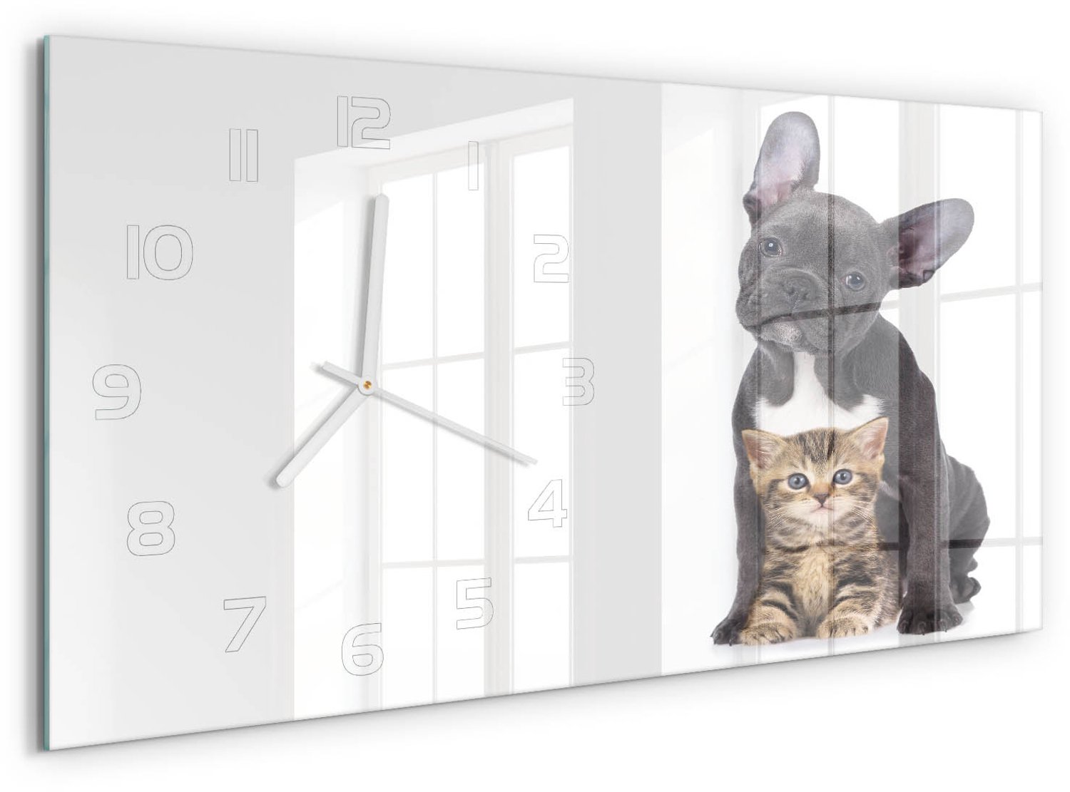 TULUP Wandklok - Hond en kat Wandklok Glas Met Motief - 60x30 cm - Zwart Decoratieve Glazen Klok - Witte handen - Rechthoekige Klok - Gekleurde Glazen Klok - Glazen Klok Met Print