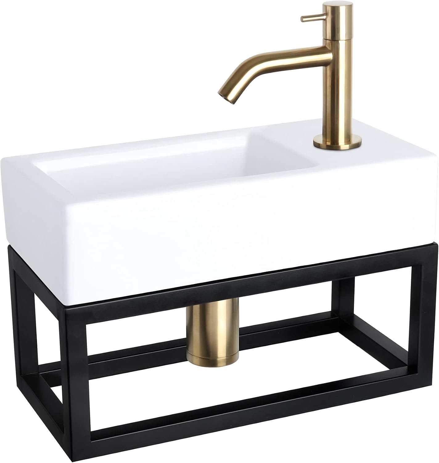 Wastafel met handdoekhouder - wastafel keramiek wit - gebogen koudwaterkraan goud - complete set met armaturen - 38,5 x 18,5 x 9 cm
