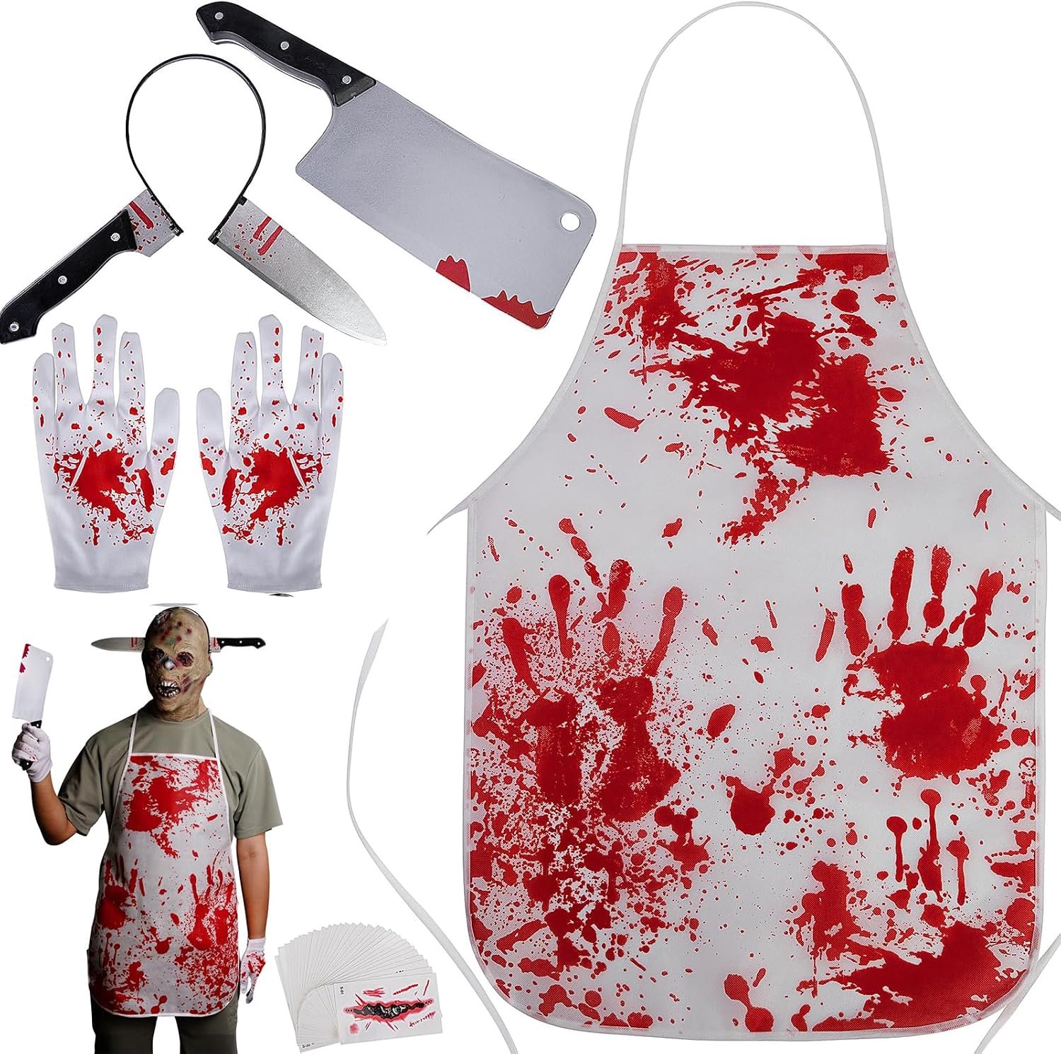 Slagerskostuum met big schort, nepmes, hoofdband en handschoenen, complete horroraccessoireset voor feest, carnaval, cosplay en themafeest, 4-delige set