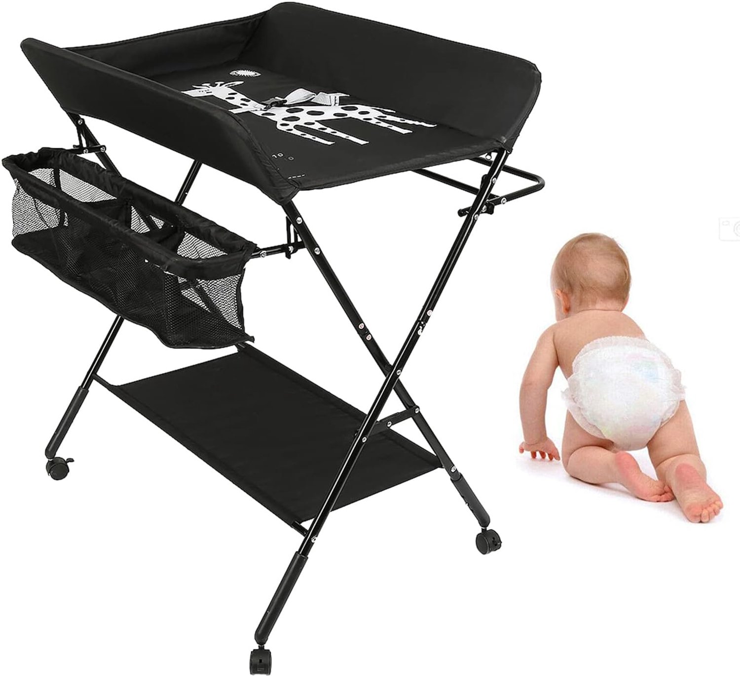 Luiertafel en bad voor baby's, opvouwbare en draagbare luiertafel met 4 wielen, met opbergmand aan de zijkant, maximale belasting van 25 kg (zwart)