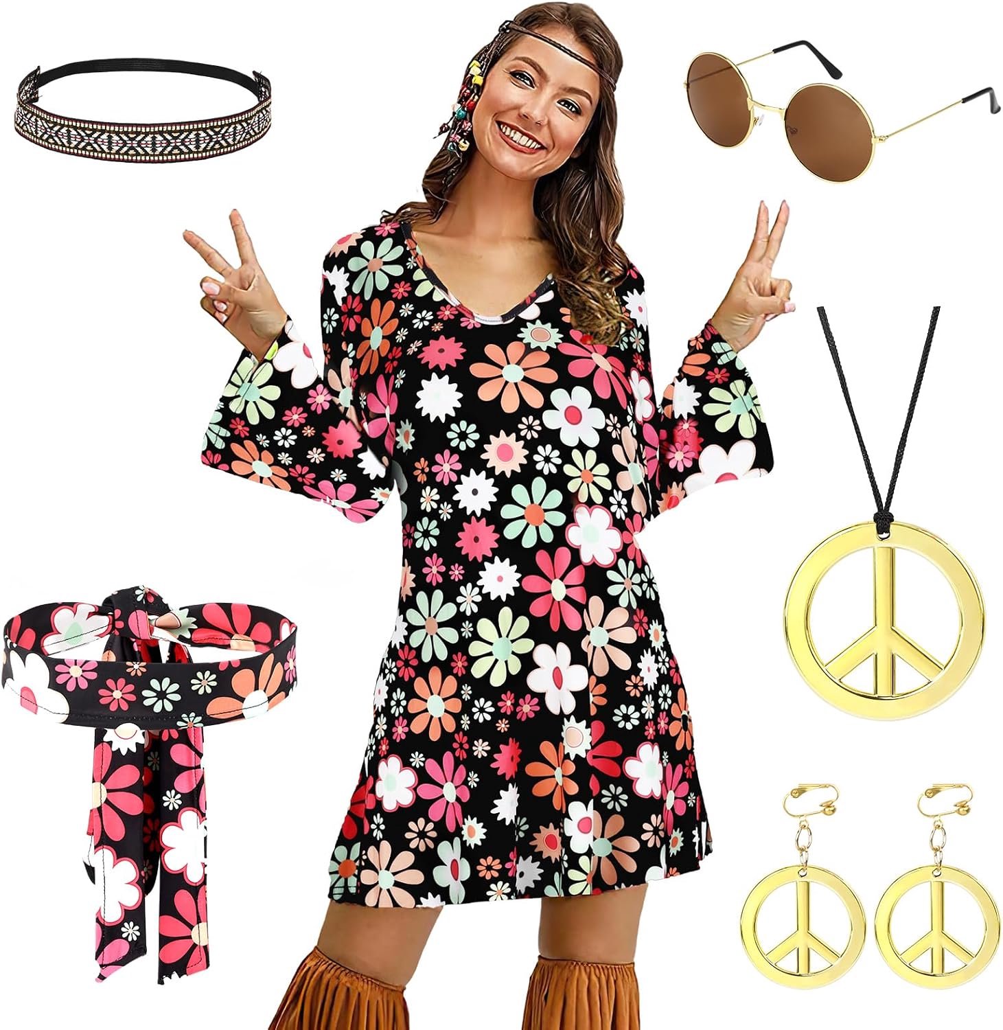Hippiekostuum voor dames, jaren '60 en 70 kleding, vrouwen, meisjes, discojurken met jaren 70-jurk, hippie-accessoires, carnavalskostuums voor Halloween, carnaval, cosplay