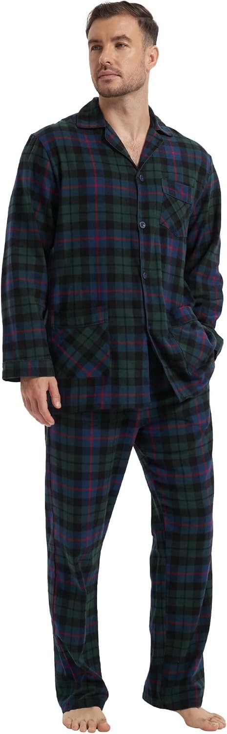 100% Katoen Flanellen Pyjama Set Garen Geverfd Gezellige Bodem Met Zakken Trekkoord Tailleband Winter PJ's voor Mannen, Donkerblauwe Plaid Heren, L