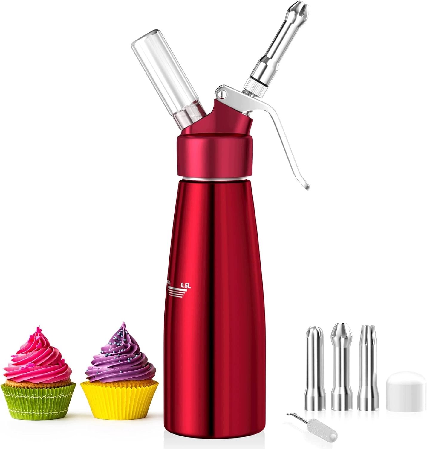 Aluminium Slagroomspuit 500ml met 3 Decoratie Spuitmonden