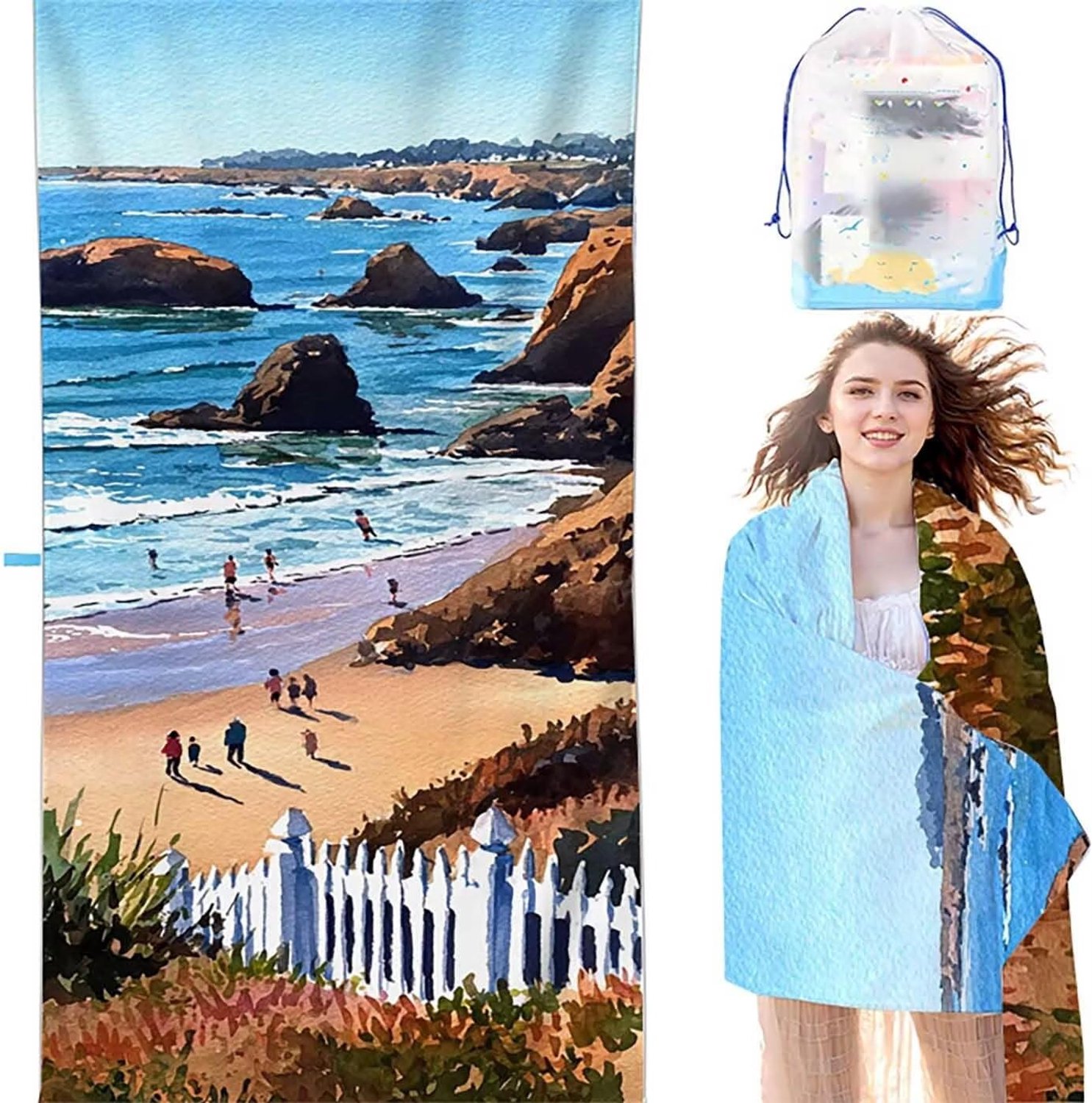 0-K Strandhanddoek, XXL, 90 x 180 cm, blauw, strandmat, zandvrij, sneldrogend, intieme drukknop, zacht en licht, landschap, microvezel, strandlaken, voor dames en heren, voor reizen, zwemmen