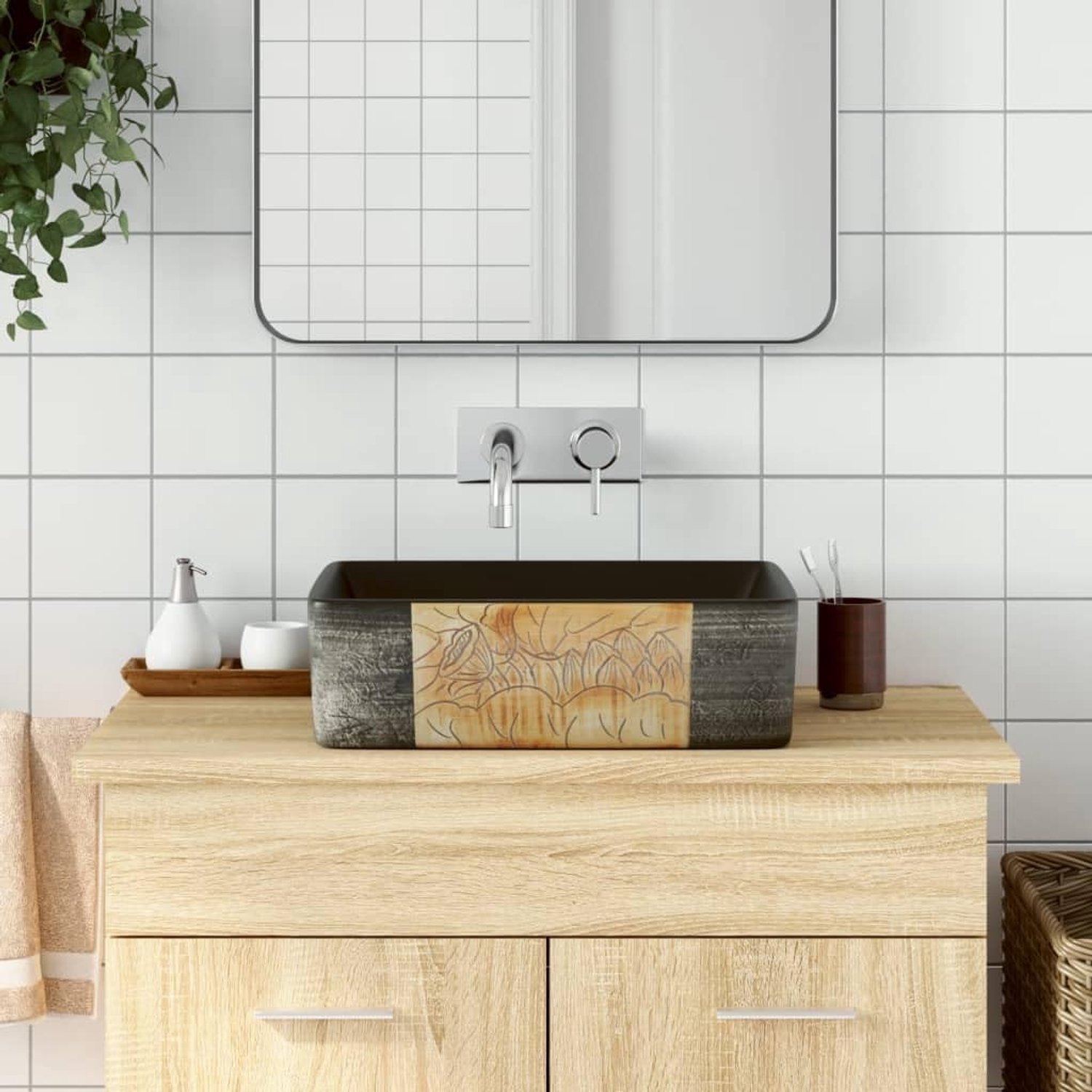 Zwart bruin keramiek 46 x 35,5 x 13 cm, moderne wastafel voor badkamer, rechthoekige wastafel opzetstuk