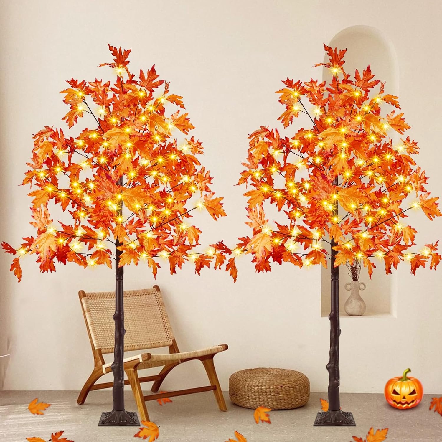 Kunstmatige verlichte esdoorn, 2 stuks, 1,5 meter lang, Thanksgiving-decoratie, kunstboom met timer, 200 leds, warmwit, herfstesdoorn voor binnen, buiten, Halloween, herfst, thuisfeest, decoratie