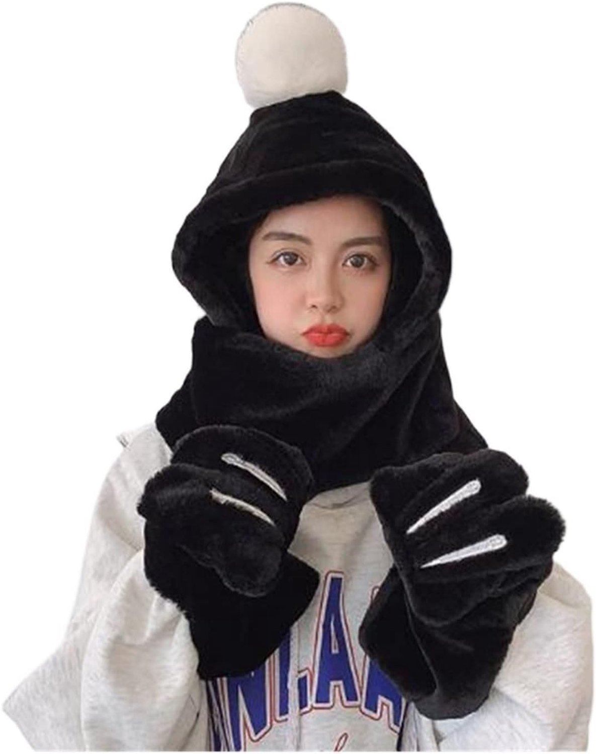 Sjaal Winter Effen Kleur Bunny'S Oren Sjaal Hoed Handschoenen Driedelige Paren Sjaal Warme Sjaal(E)